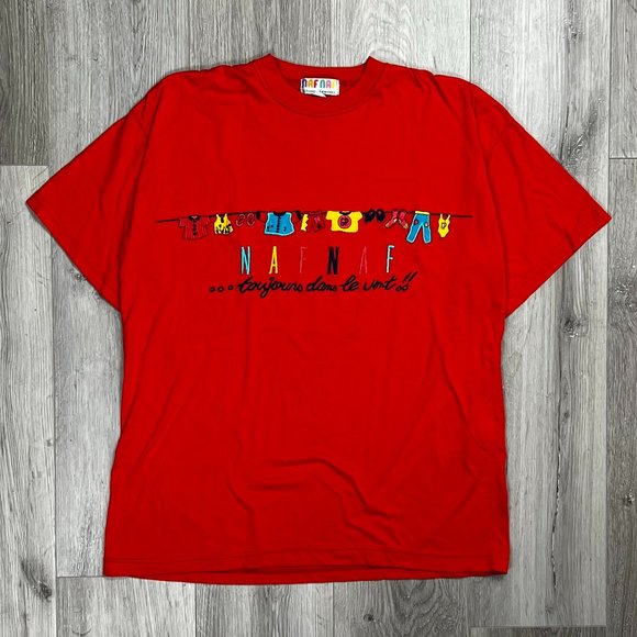 Naf Naf Vintage 1980s Embroidered Emblem Red Medium T-Shirt - Picture 7 of 8